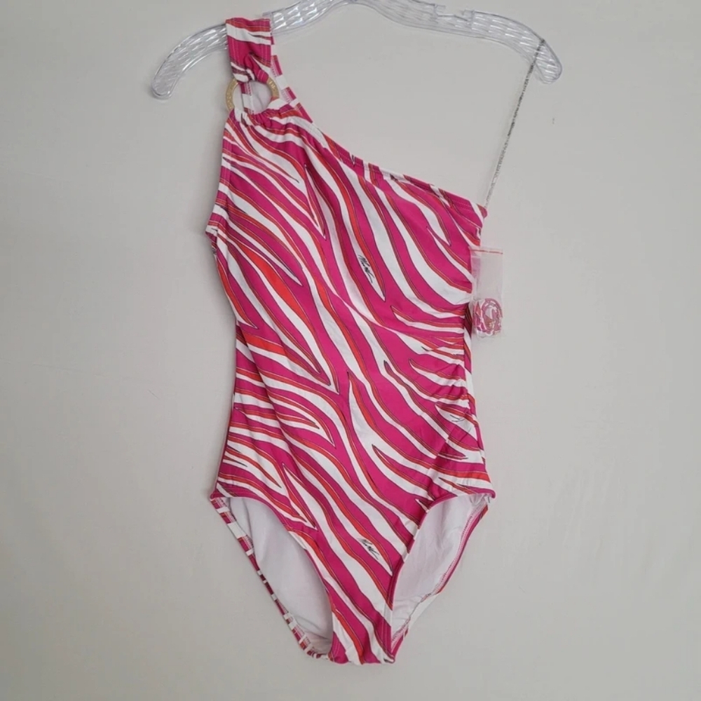 One-Shoulder Pink Zebra Print Swimsuit